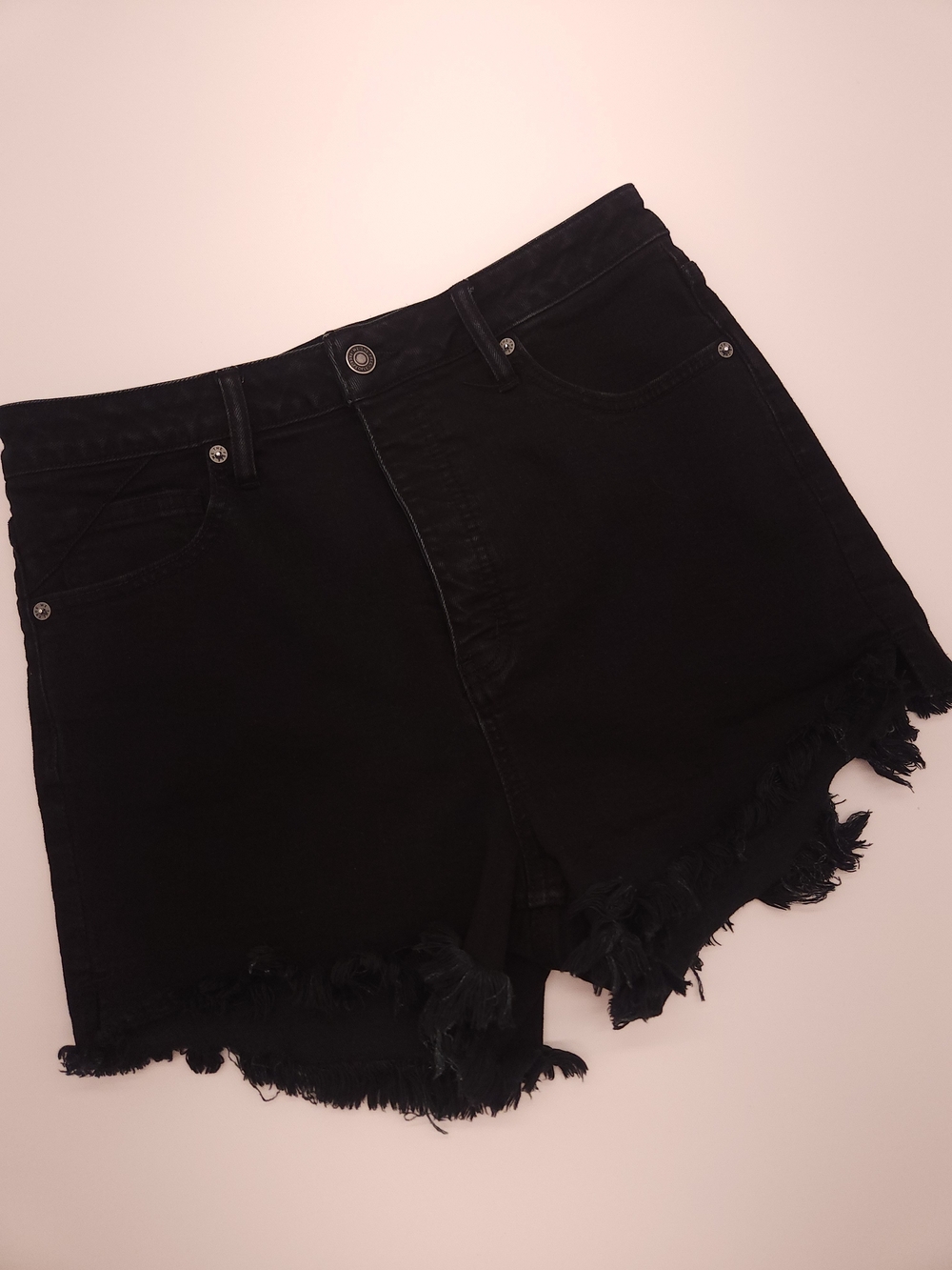 We The Free Free People Black Denim High Rise Distressed Raw Hem Shorts Size 30